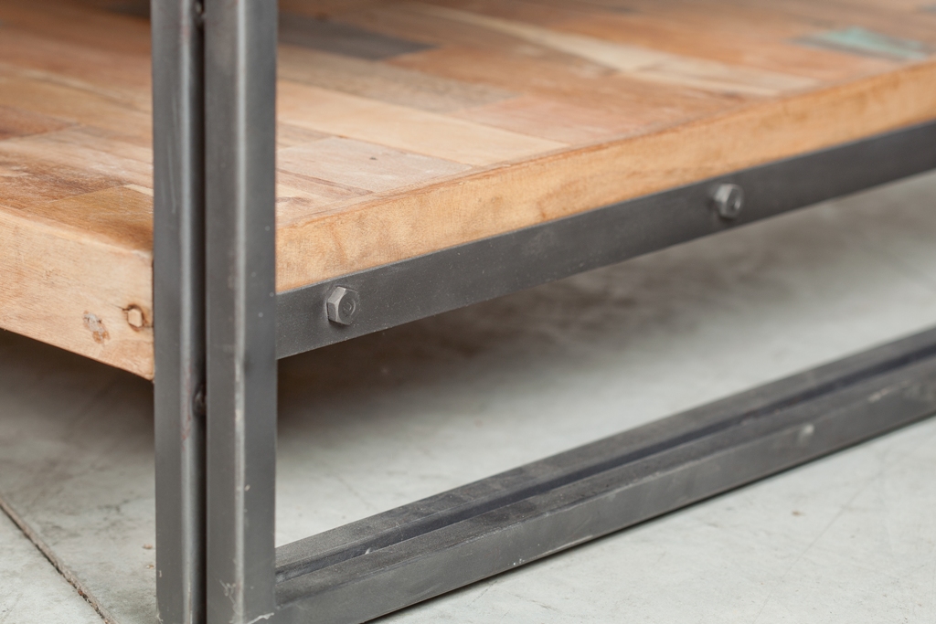 Table basse carrée bois recyclé double plateaux 100x100 CARAVELLE