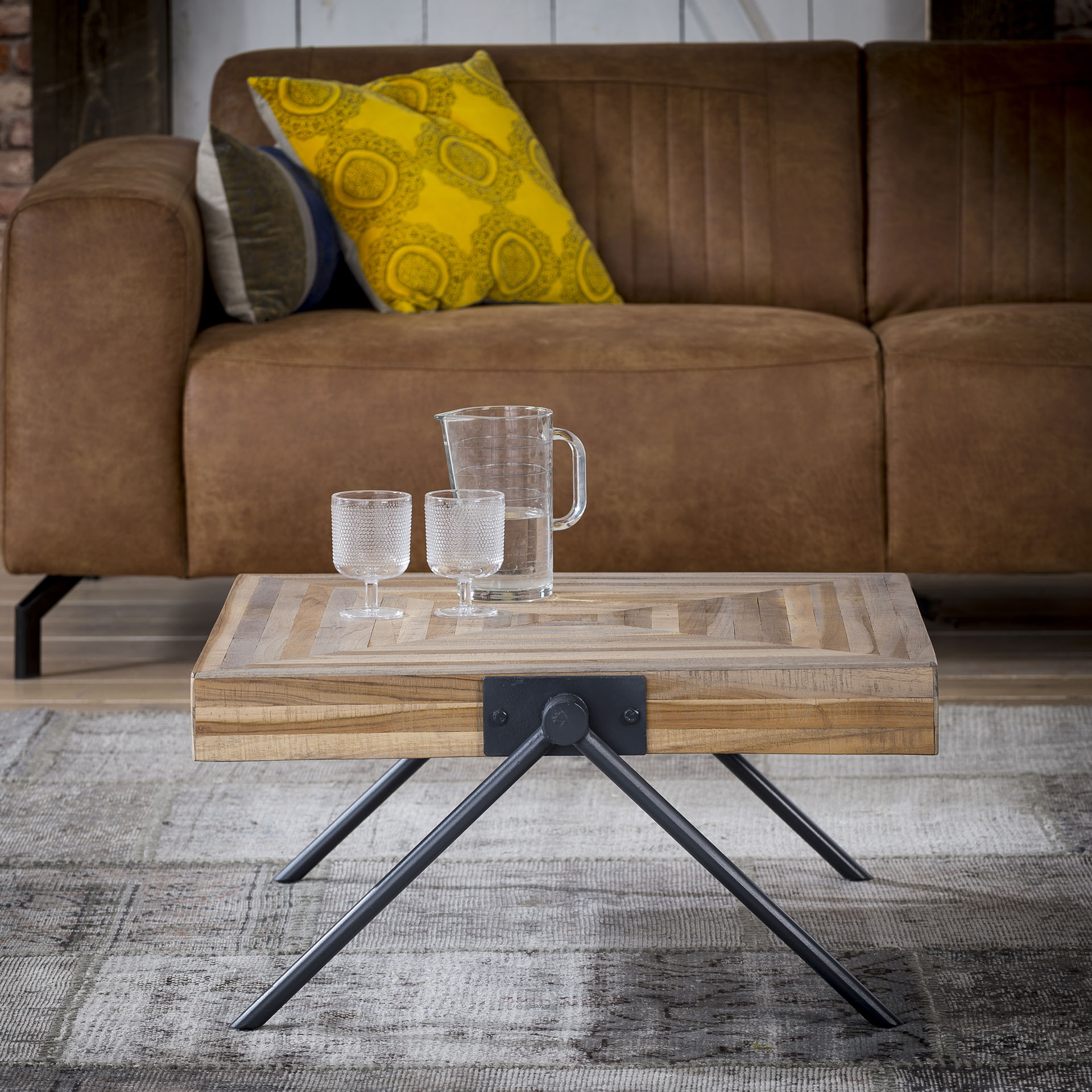 Table basse carrée teck recyclé acier 70 cm JAVA