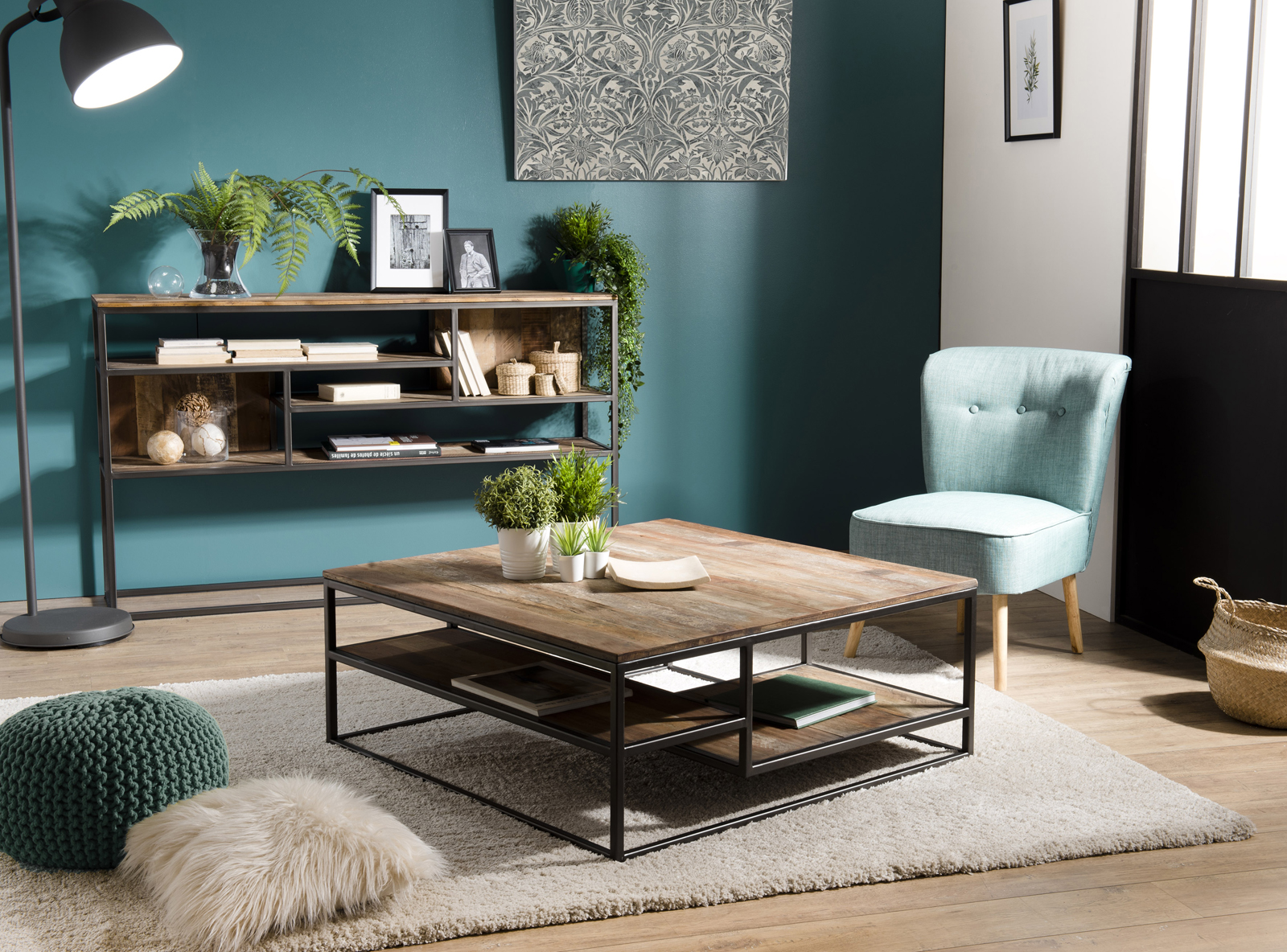 Table basse carrée teck recyclé tablettes SWING