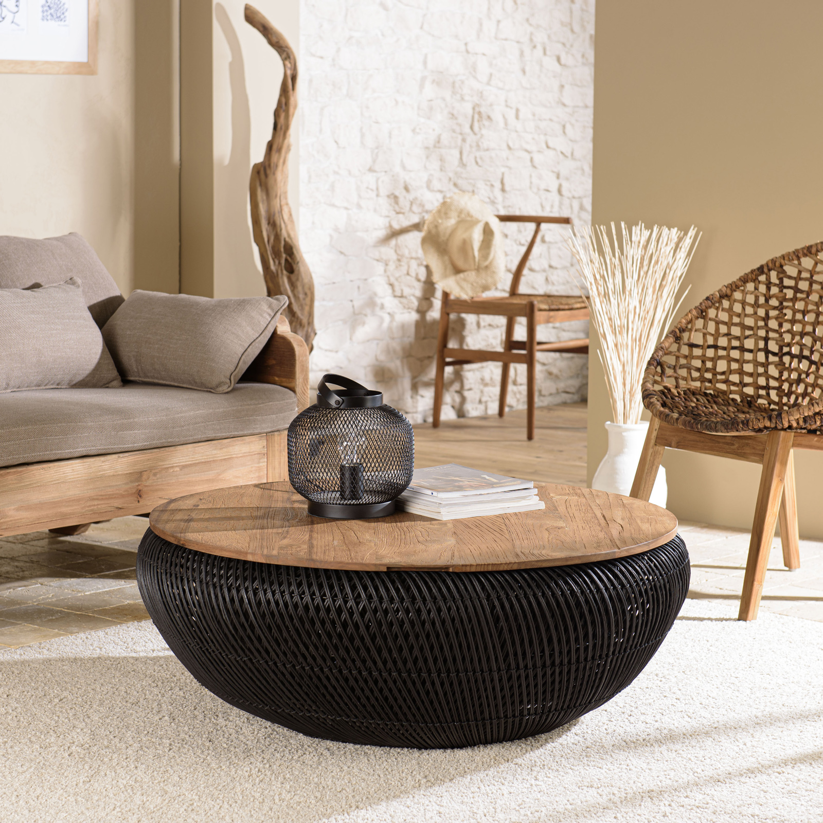 Table basse coffre ronde rotin noir et teck recyclé 100 cm SWING