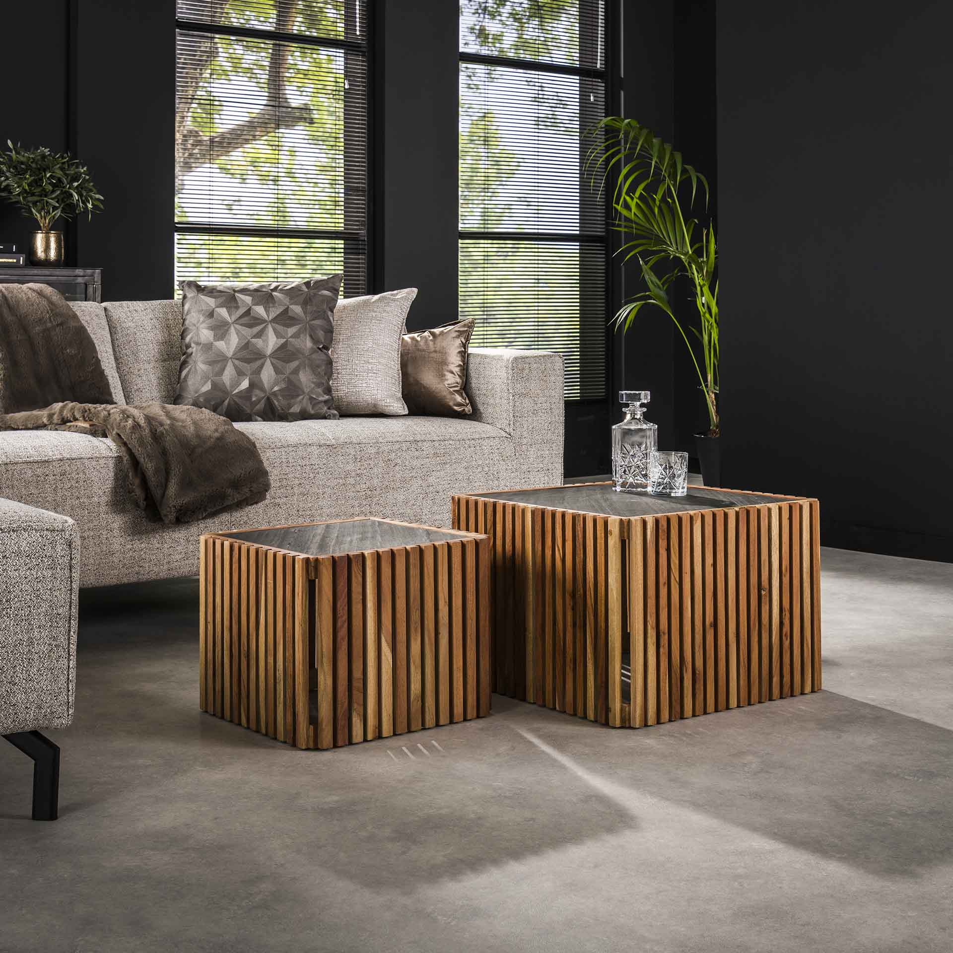 Table basse cube bois d'acacia et ardoise (lot de 2) MELBOURNE