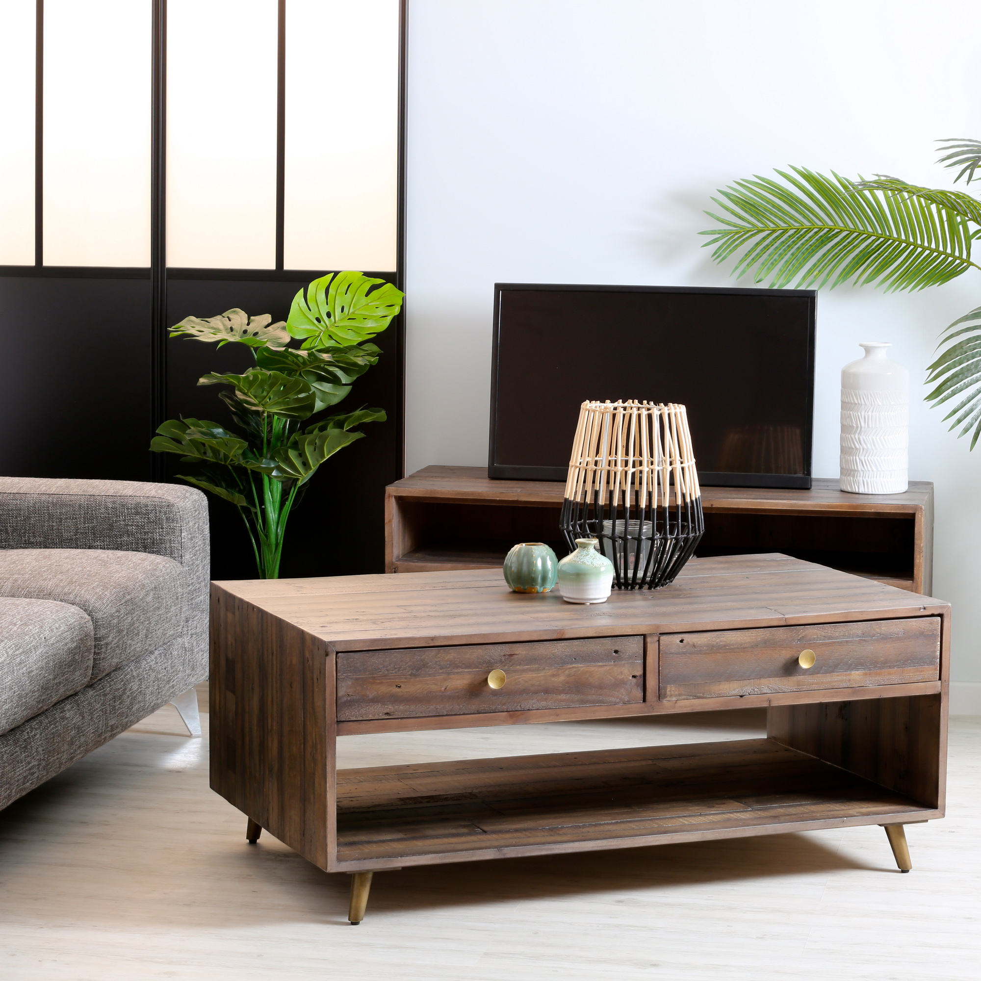Table basse double plateau bois recyclé piètement effet laiton vieilli ADÉLAÏDE