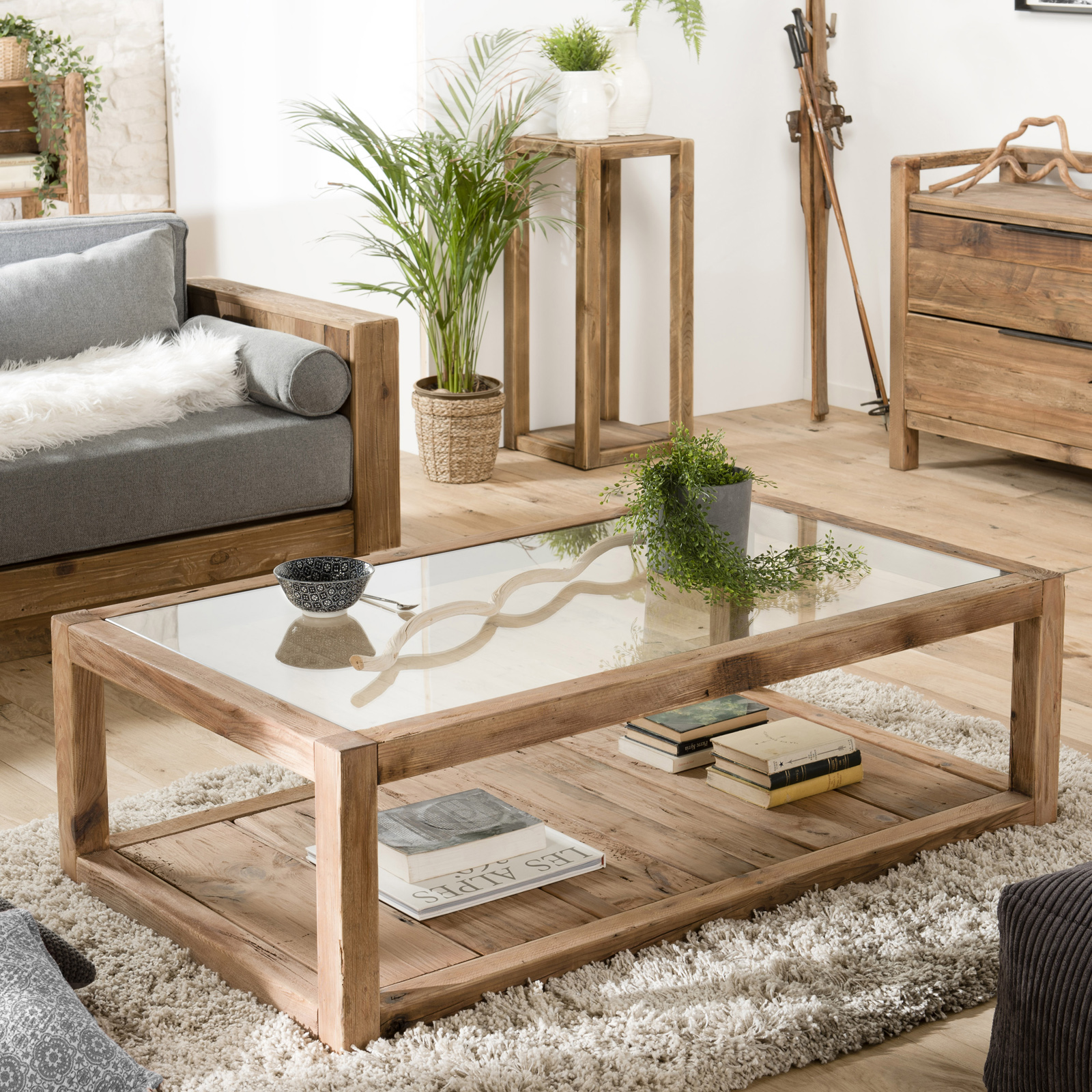 Table basse double plateau en bois de pin recyclé et  verre DENVER