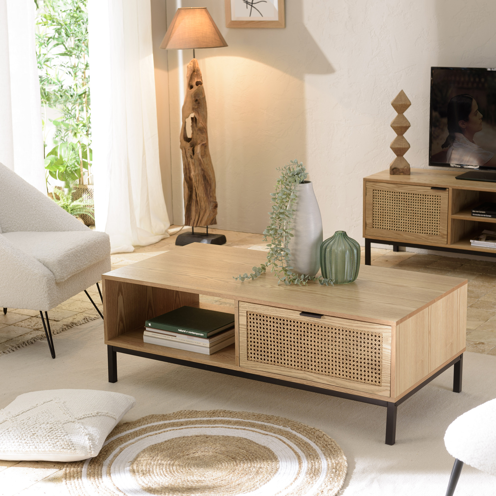Table basse en bois 2 tiroirs cannage rotin PALMA