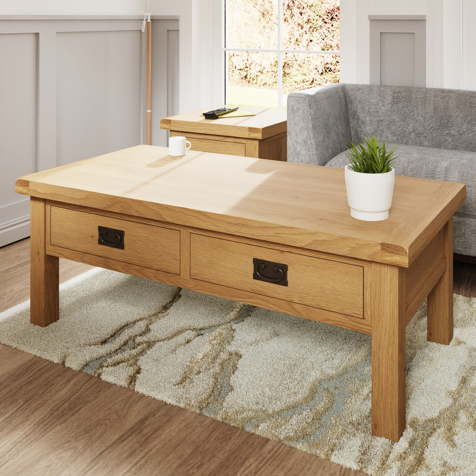 Table basse en bois clair 2 tiroirs PUERTO
