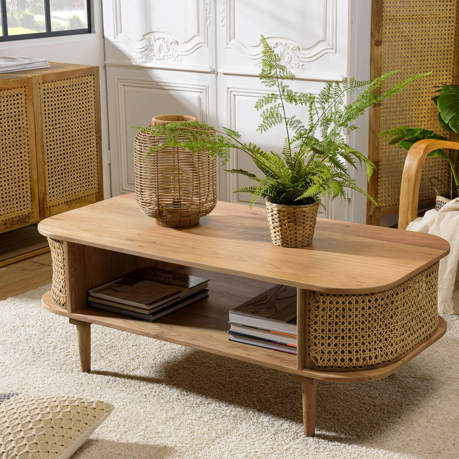 Table basse en cannage et bois exotique MALAGA