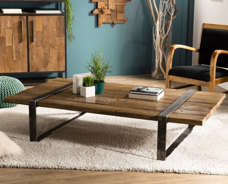 Table basse en Teck recyclé et pieds métal cerclés 164x90x36cm MATT