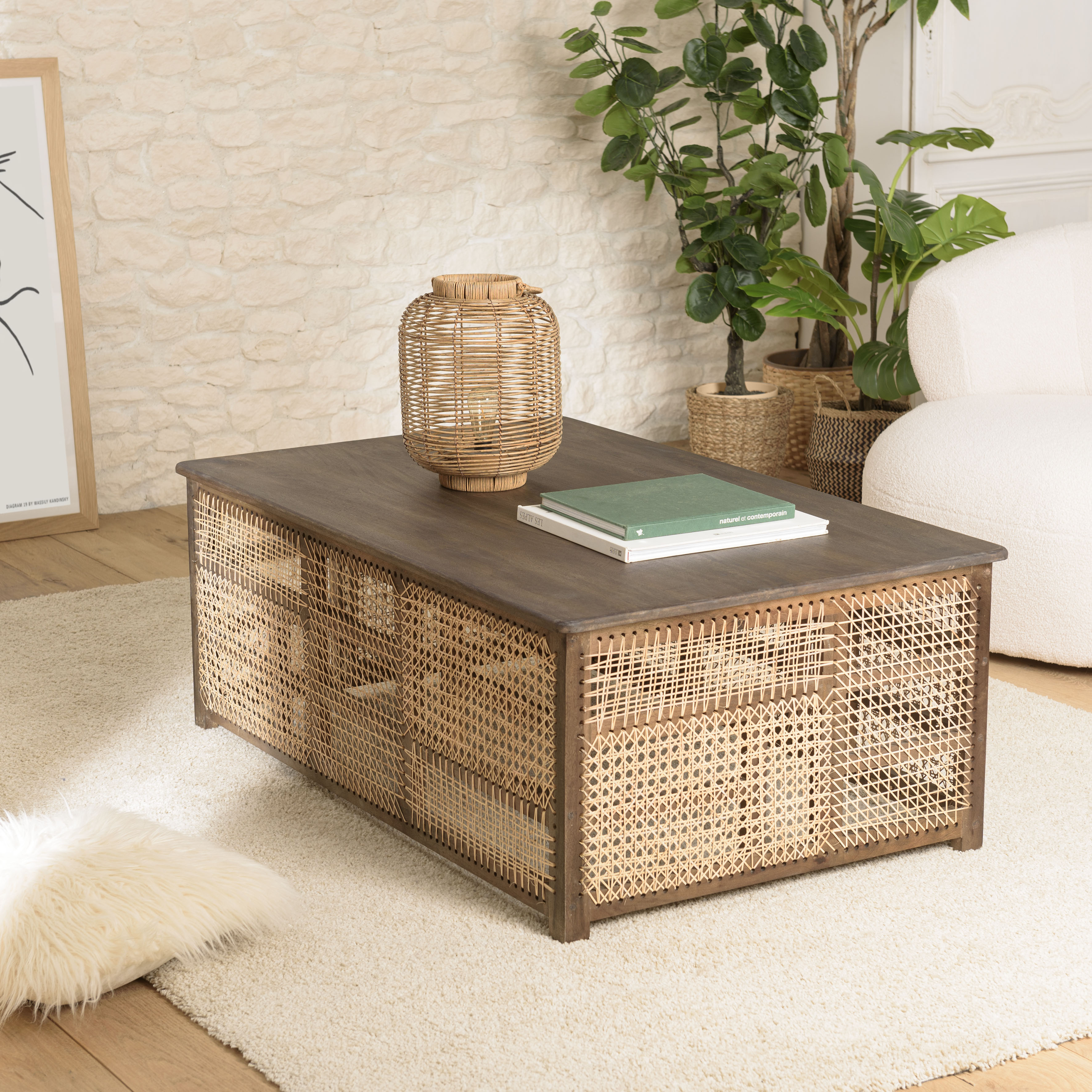 Table basse ethnique bois foncé et cannage MAURAI