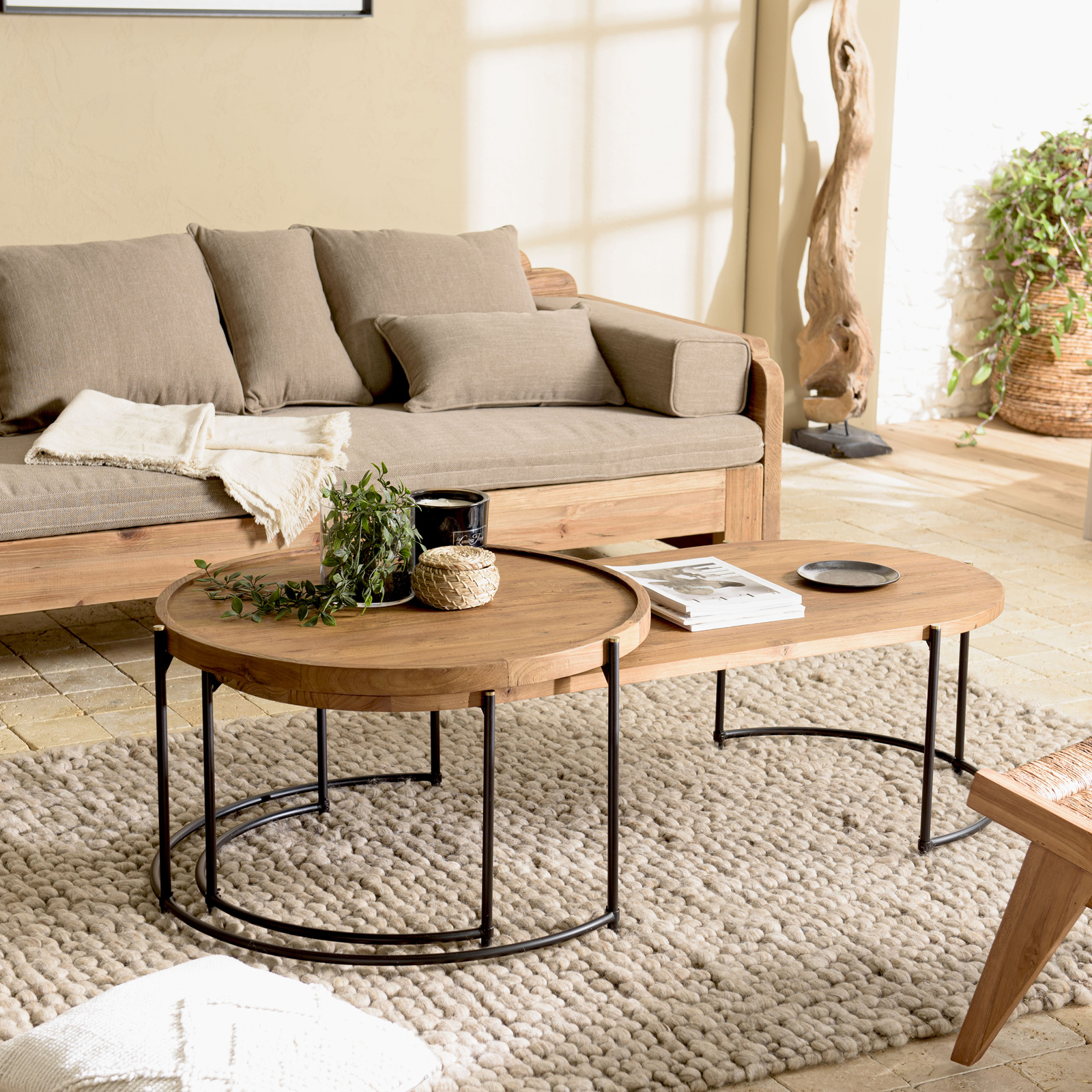 Table basse gigogne ronde et ovale teck / métal (lot de 2) SWING