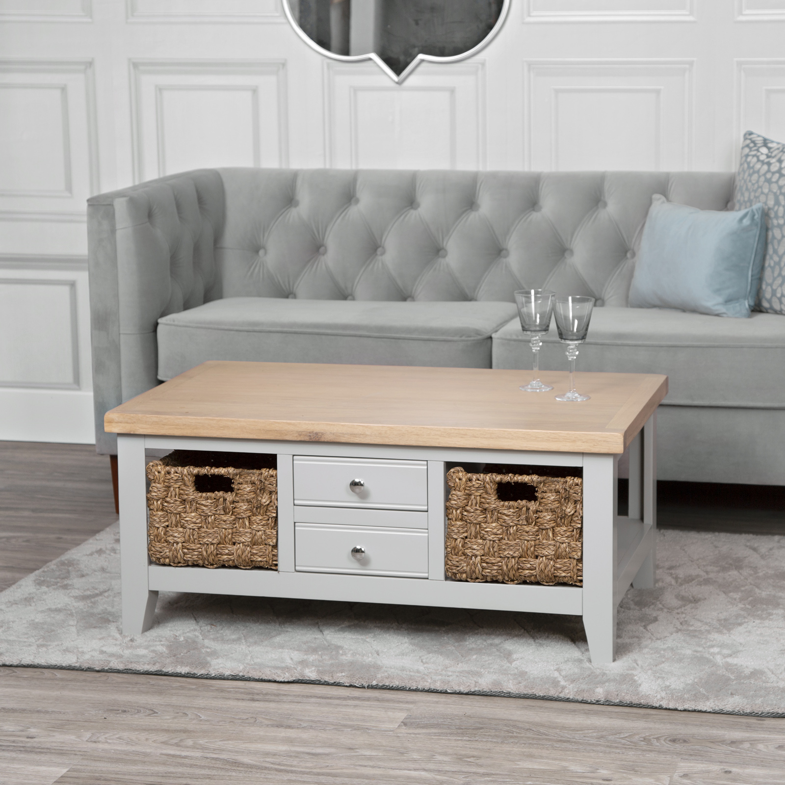 Table basse grise avec paniers de rangement PAROS