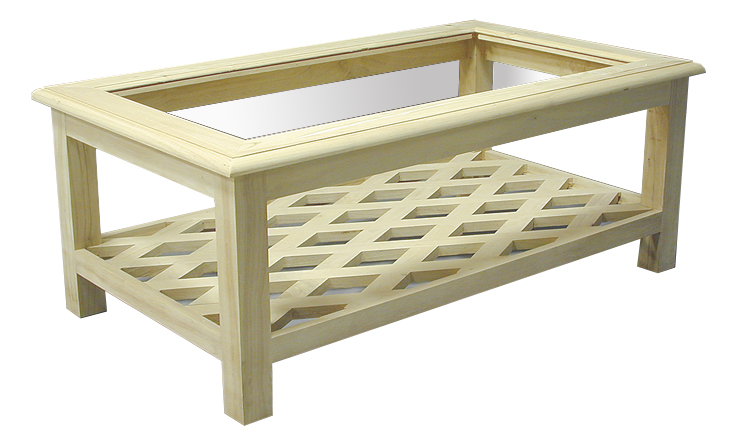 Table basse Hévéa double plateaux, 1 plateau verre, 1 plateau ajouré effet croisé 120x70x47cm MAORI