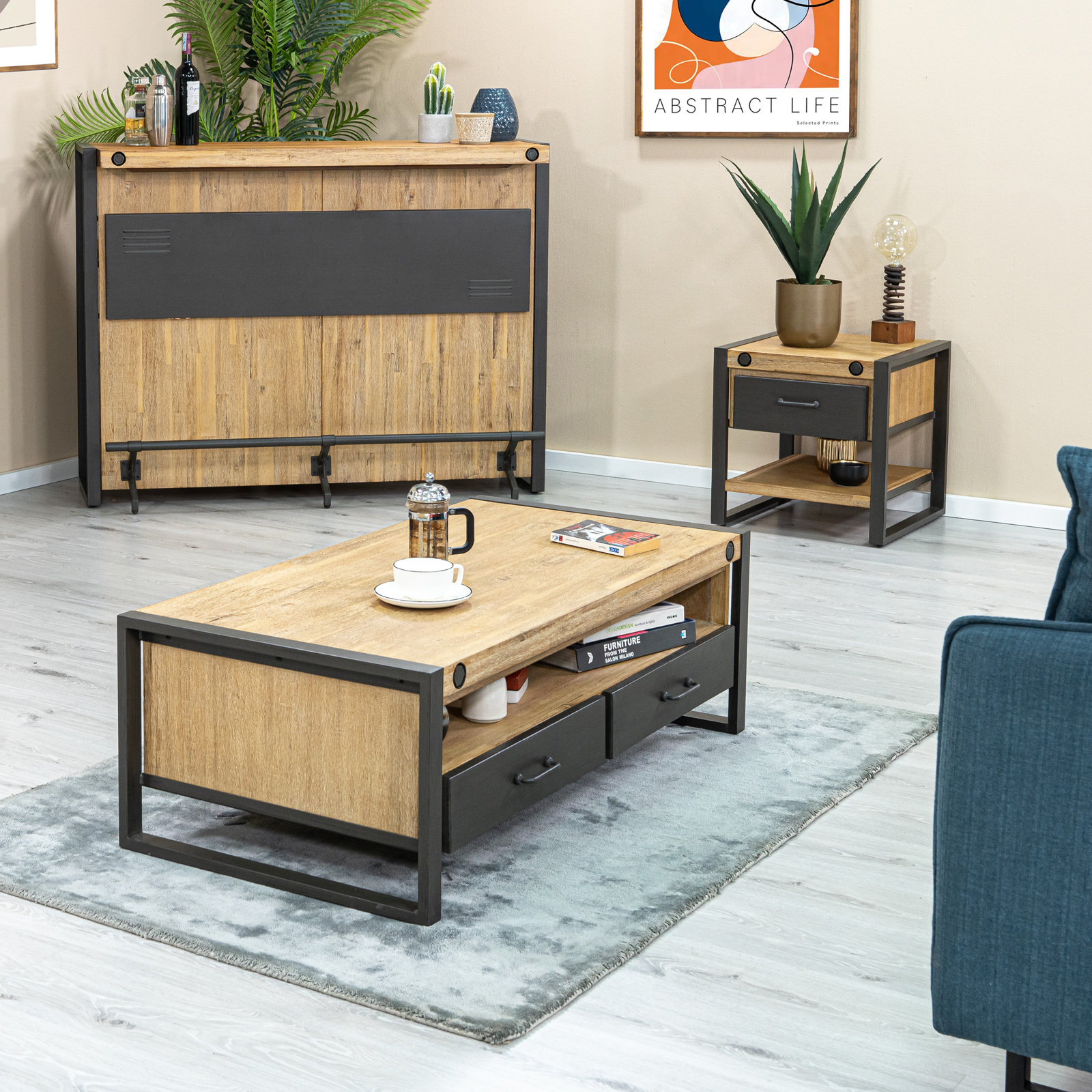 Table basse industrielle bois métal boulons BROOKLYN