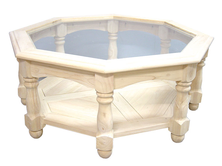 Table basse Octogonale Hévéa double plateaux, 1 plateau haut verre, 1 plateau bas bois D100xH40cm TRADITION