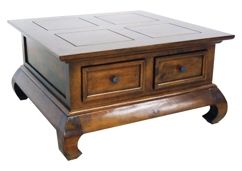 Table basse Opium Hévéa 4 tiroirs et pieds galbés 75x75x39,8cm MAORI