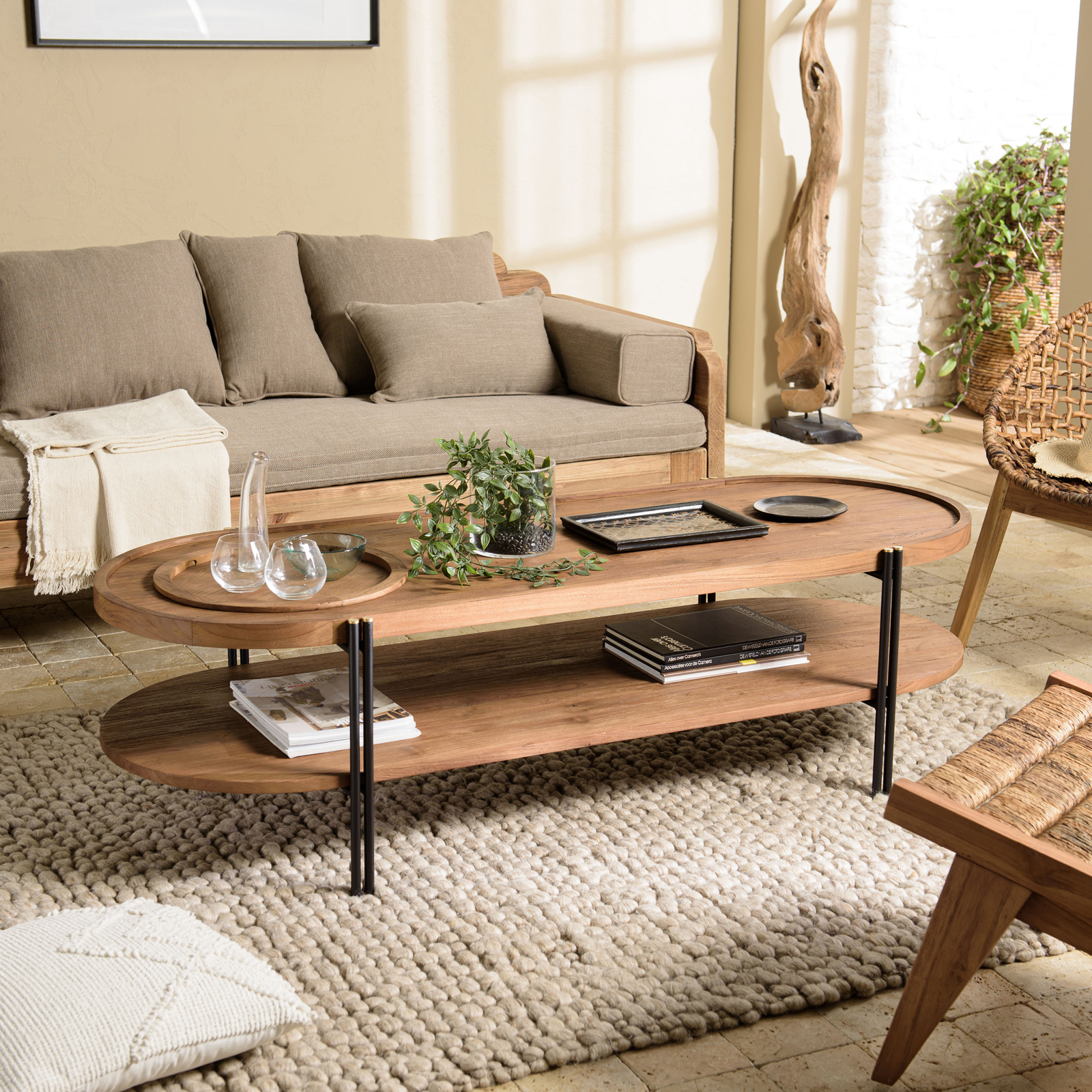 Table basse ovale double plateau en teck recyclé 160 cm SWING