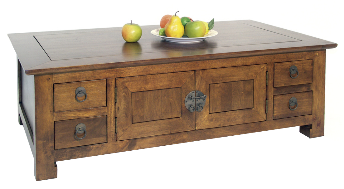 Table basse rectangle avec 4 portes et 8 tiroirs 120x70x40cm MAORI