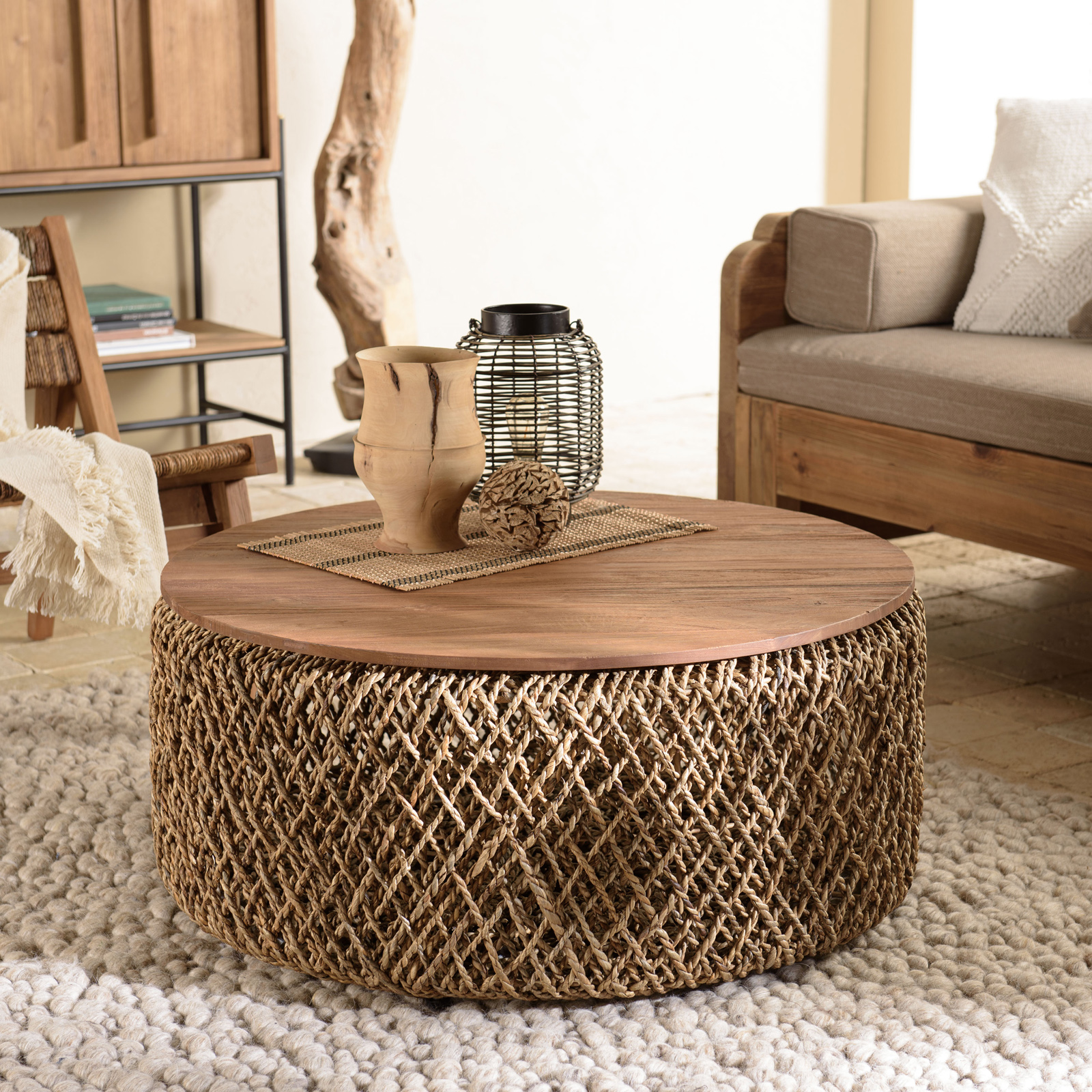Table basse ronde 83 cm fibre tressée et bois SWING