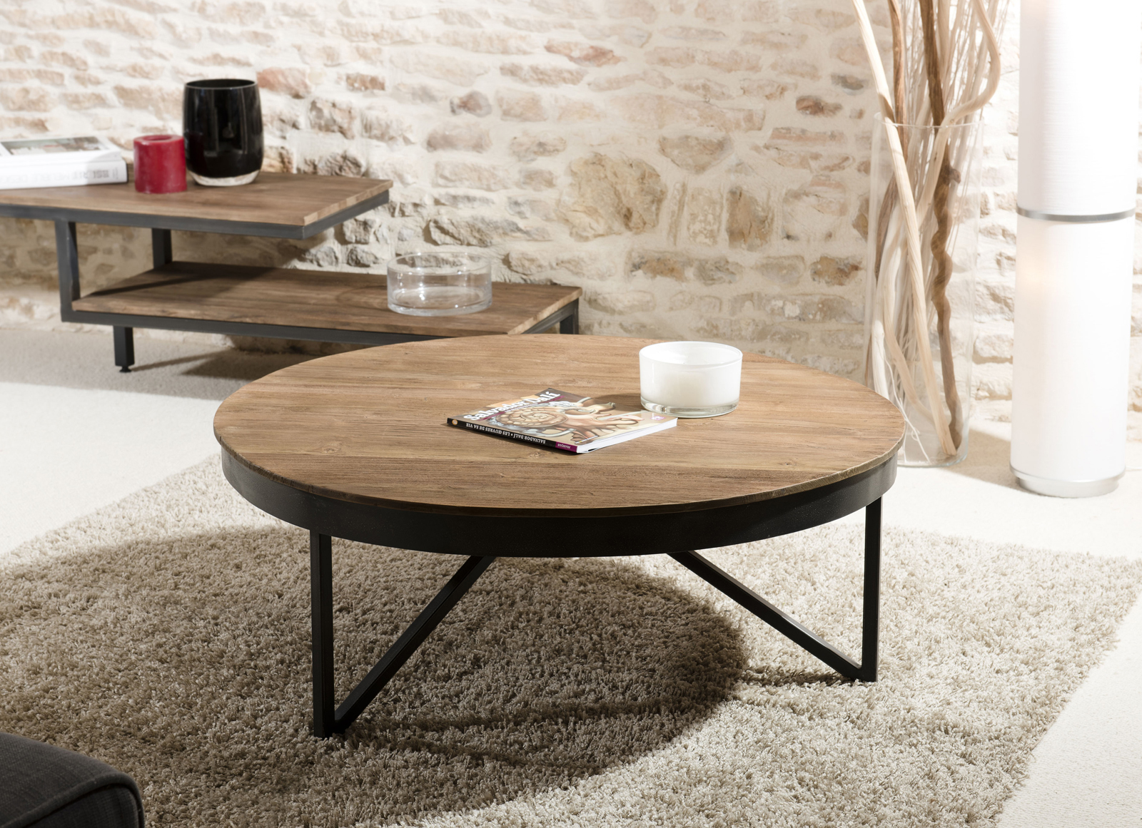 Table basse ronde bois de teck recyclé métal noir grand modèle SWING