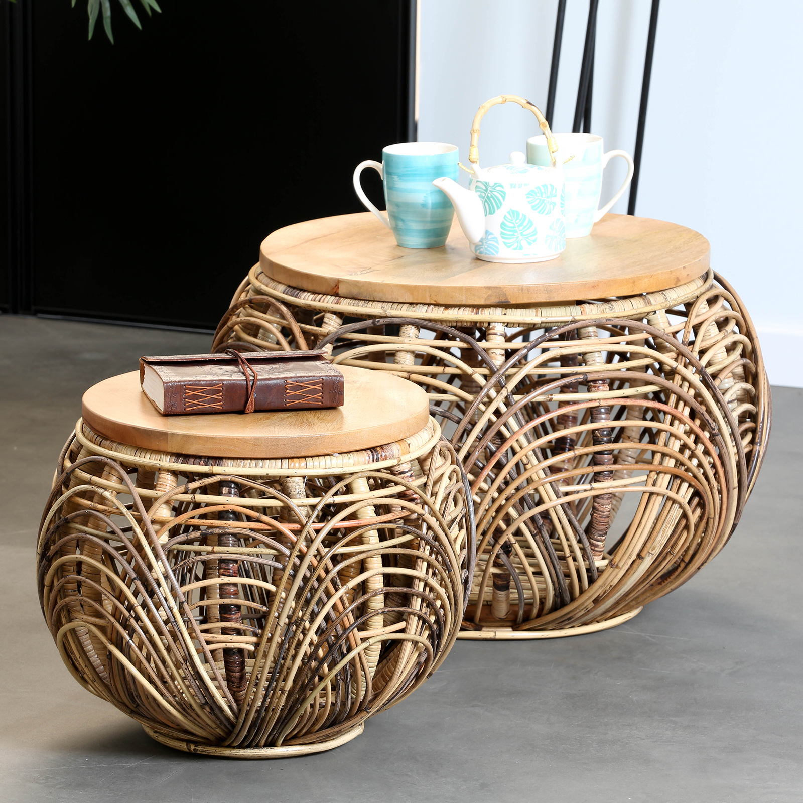 Table basse ronde en rotin (lot de 2)