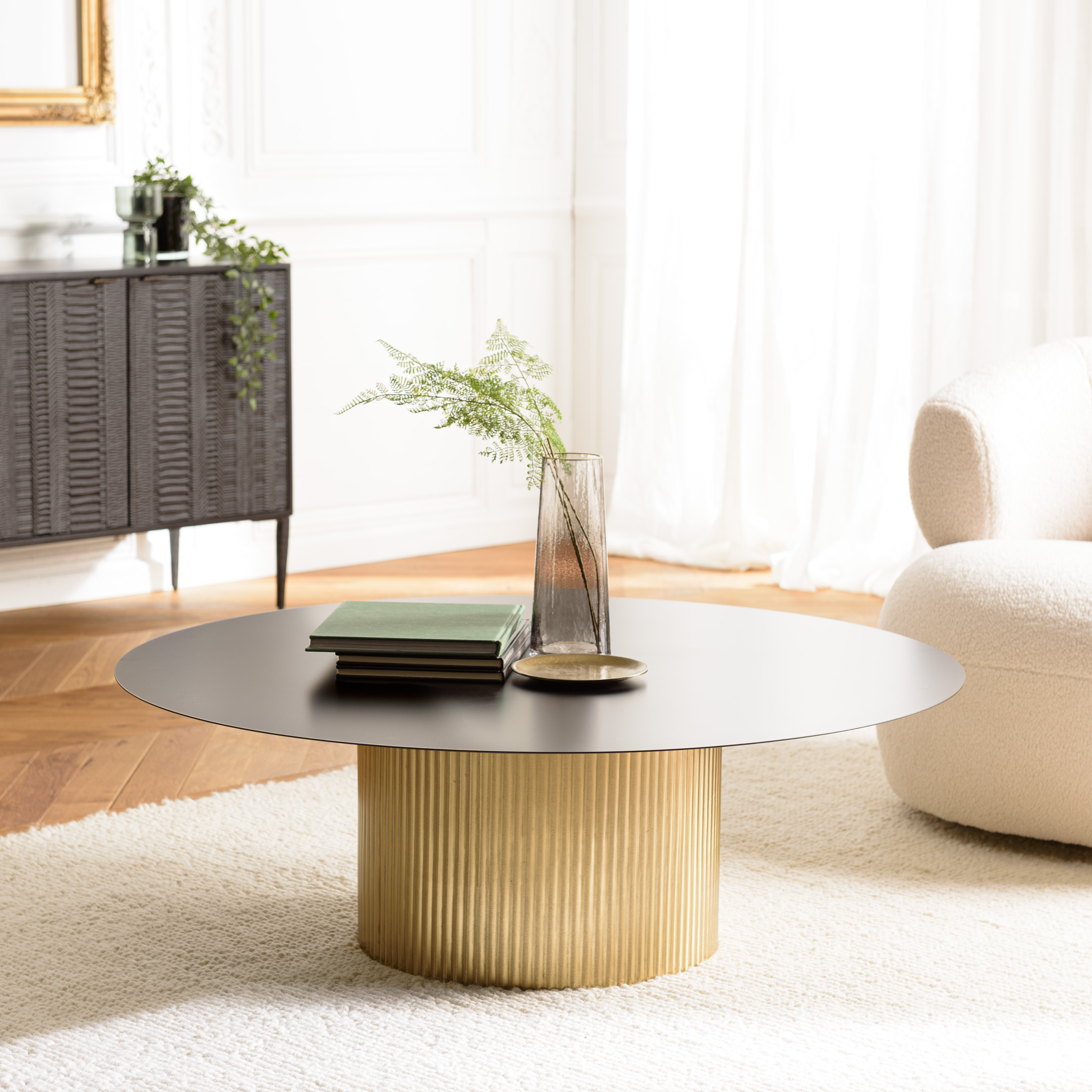Table basse ronde métal noir pied central doré ZALA