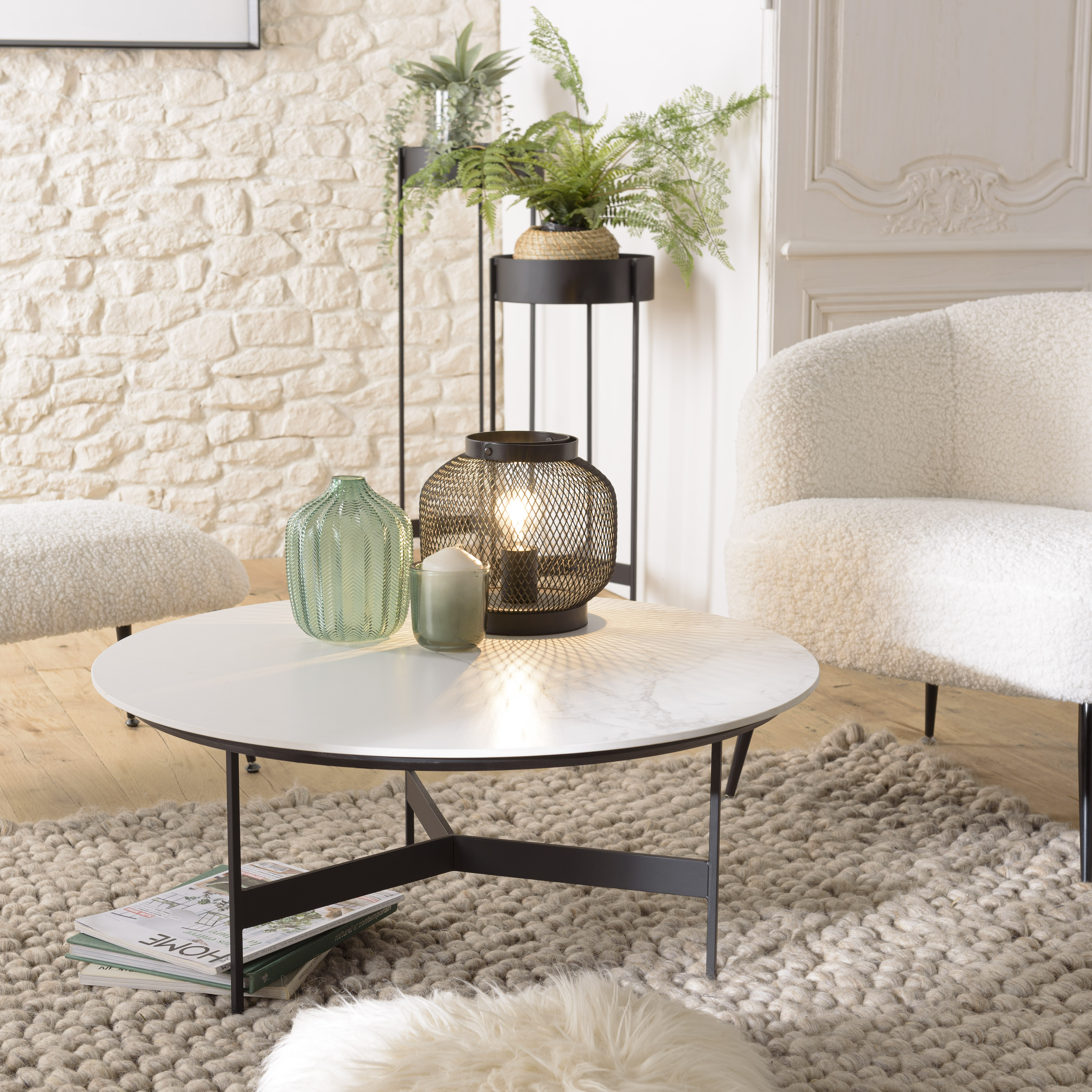 Table basse ronde plateau blanc pierre marbrée CORUMBA