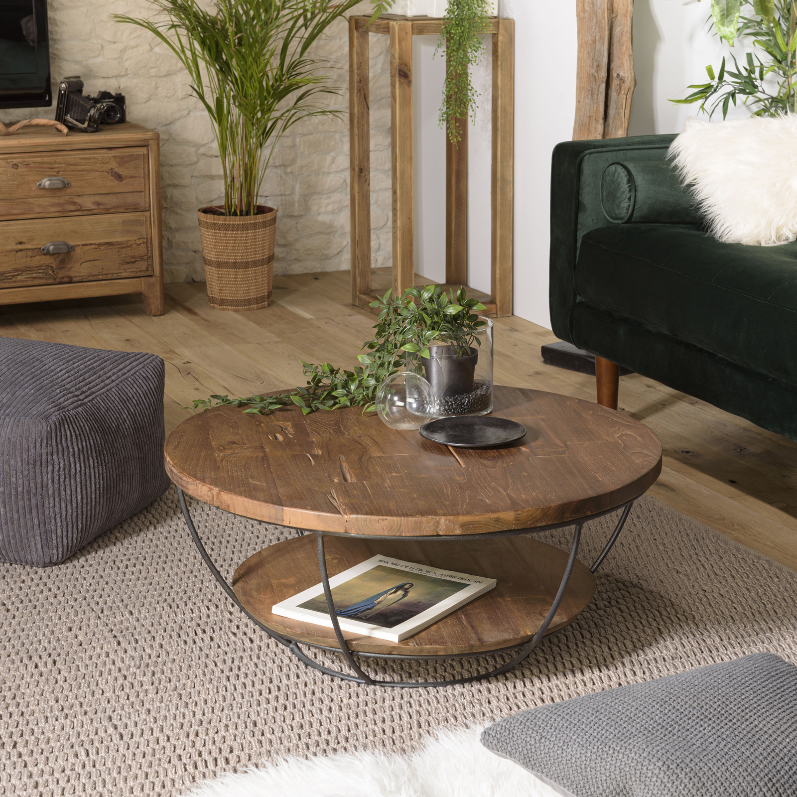 Table basse ronde teck recyclé et métal double plateau D80cm SWING