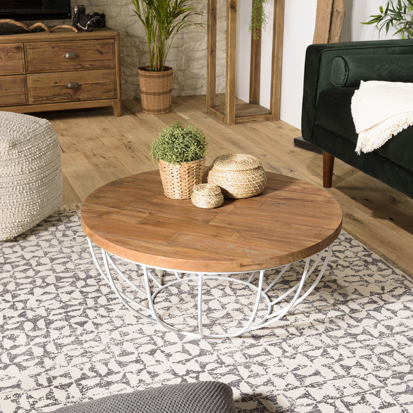 Table basse ronde teck recyclé métal blanc D 80 cm SWING