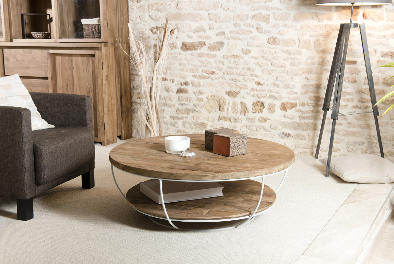 Table basse ronde teck recyclé structure filaire blanche 2 plateaux SWING