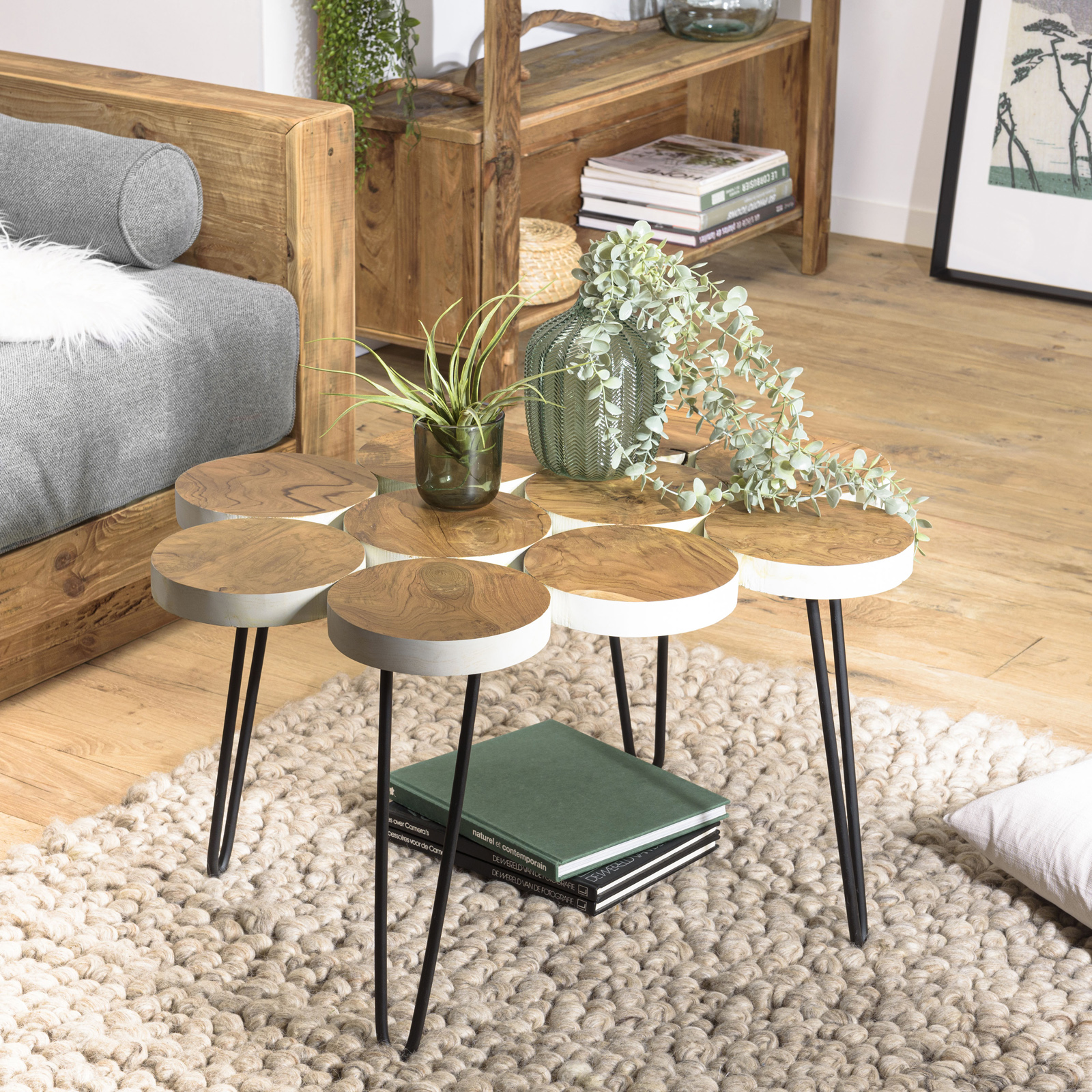 Table basse rondelles en teck recyclé 80 cm