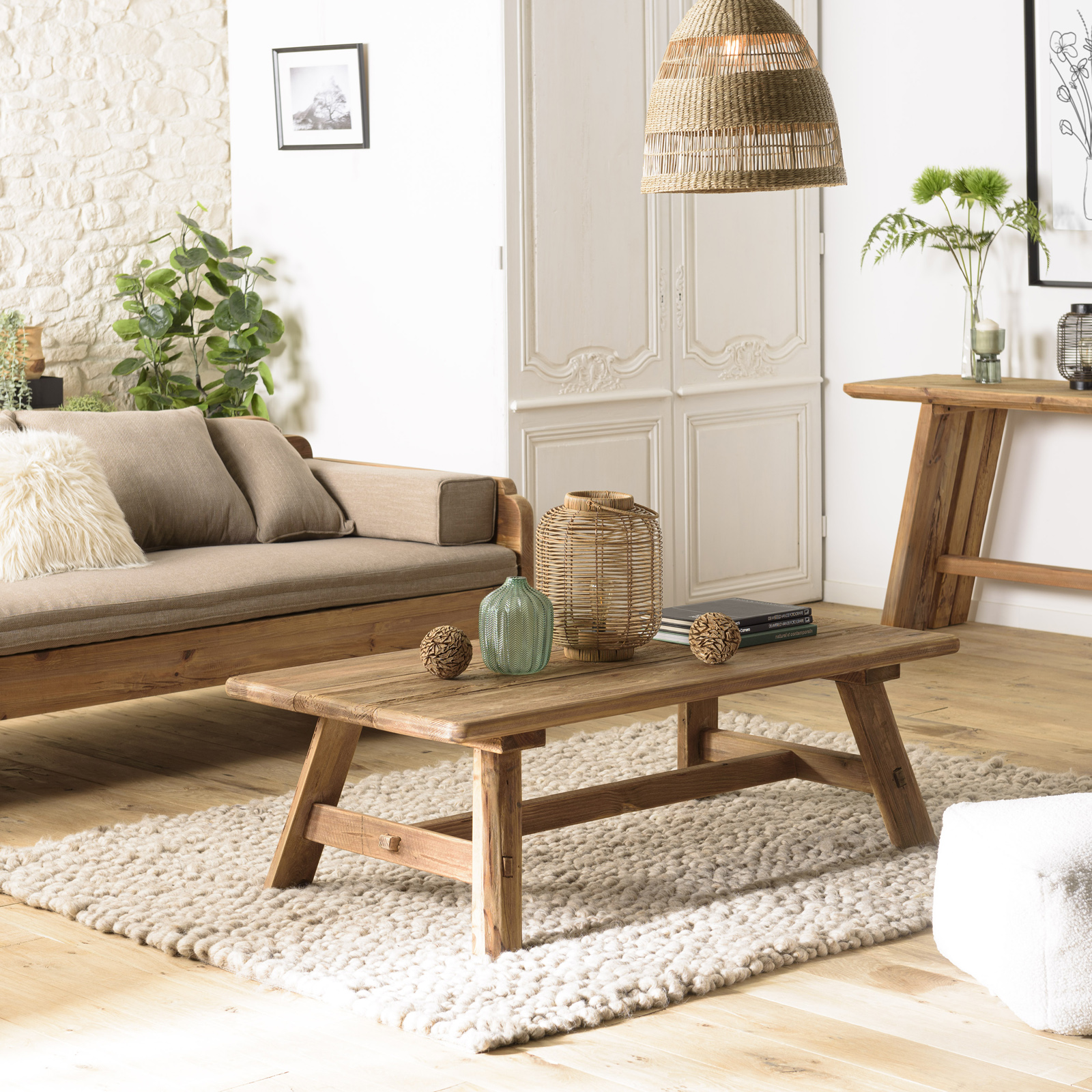 Table basse tréteaux bois recyclé 140 cm DENVER