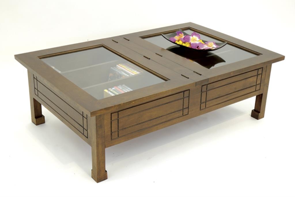 Table basse vitrée plateau ouvrant hévéa 125x80x40cm MAORI