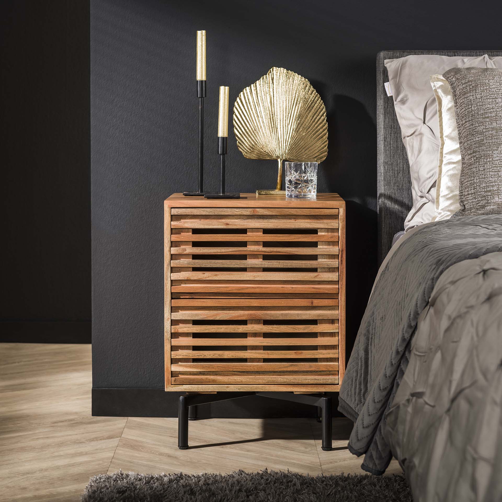Table de chevet 2 tiroirs motif baguette en bois d'acacia MELBOURNE