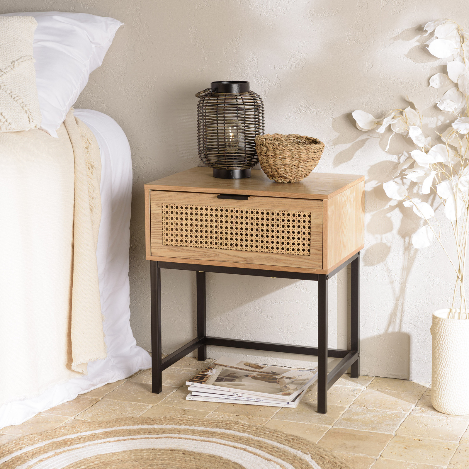 Table de chevet en bois 1 tiroir cannage rotin PALMA