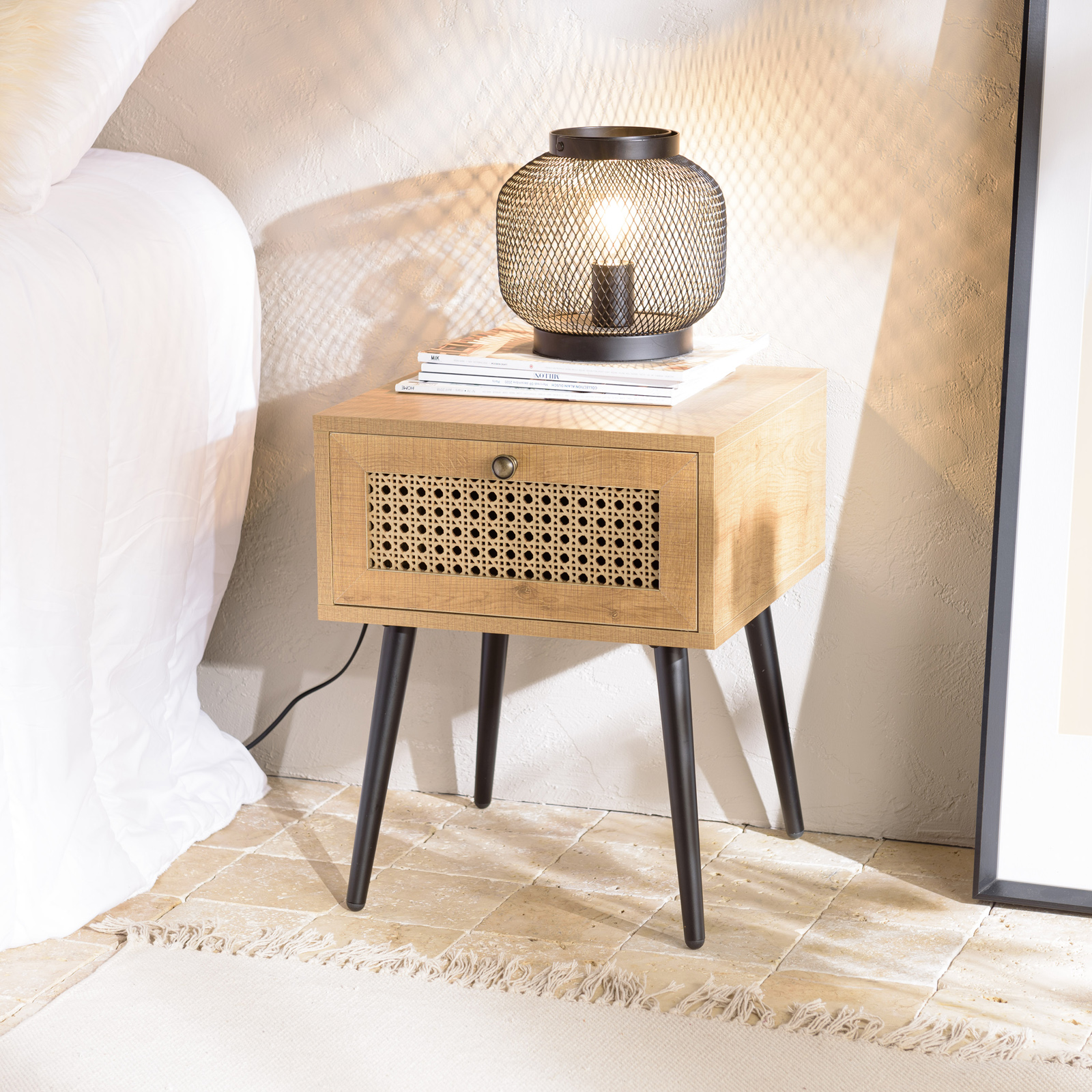 Table de chevet scandinave 1 tiroir cannage ALCUDIA