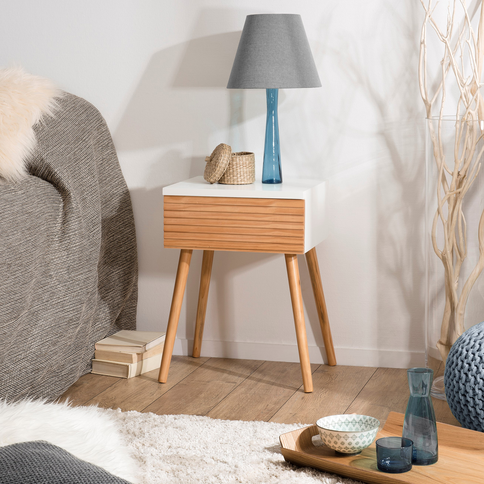 Table de chevet scandinave 1 tiroir en bois blanc PEROU