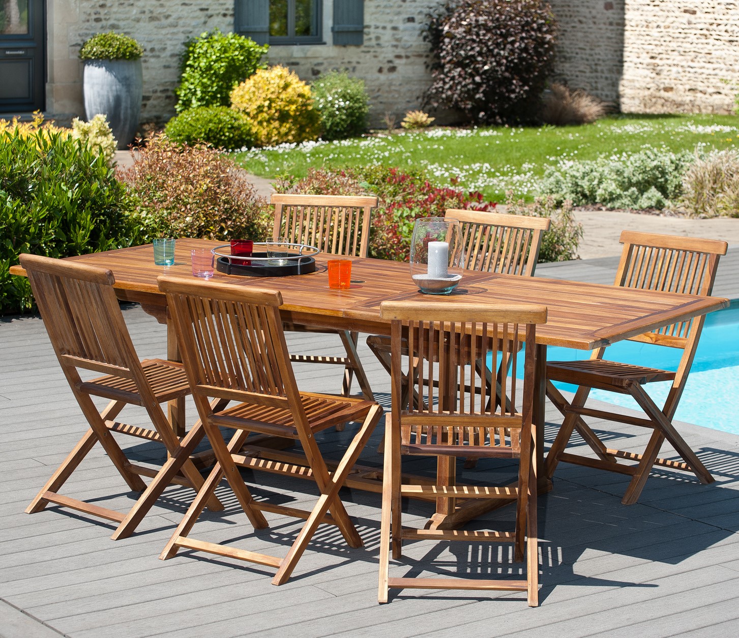 Table de jardin en teck huilé rectangle extensible 120/180x90x75 MACAO