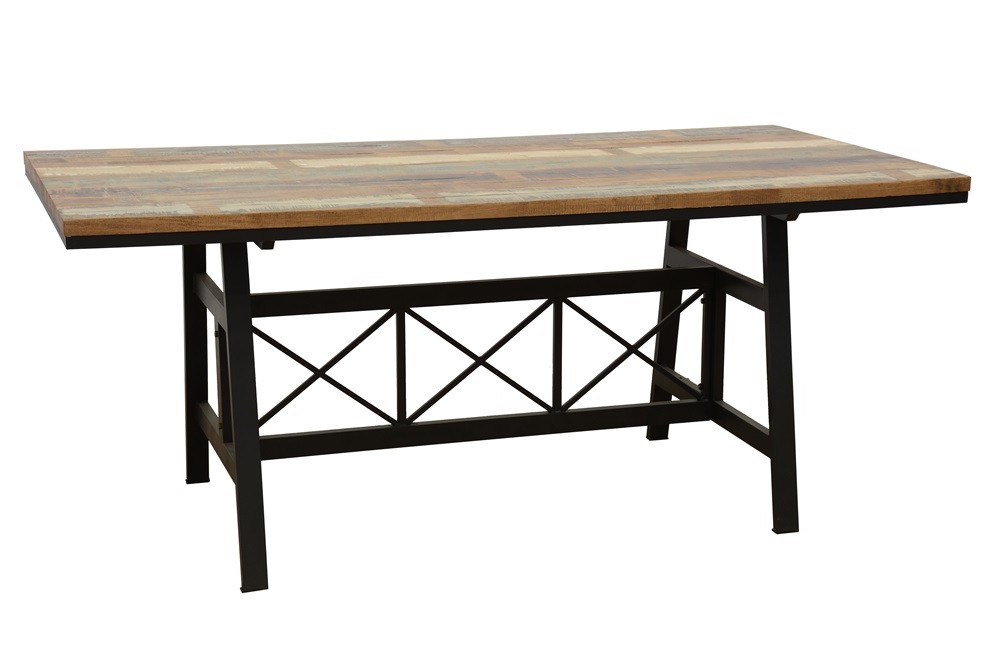 Table de Repas plateau en Hévéa recyclé coloré et pieds métal avec croisillons 180x90x76cm LOFT COLORS