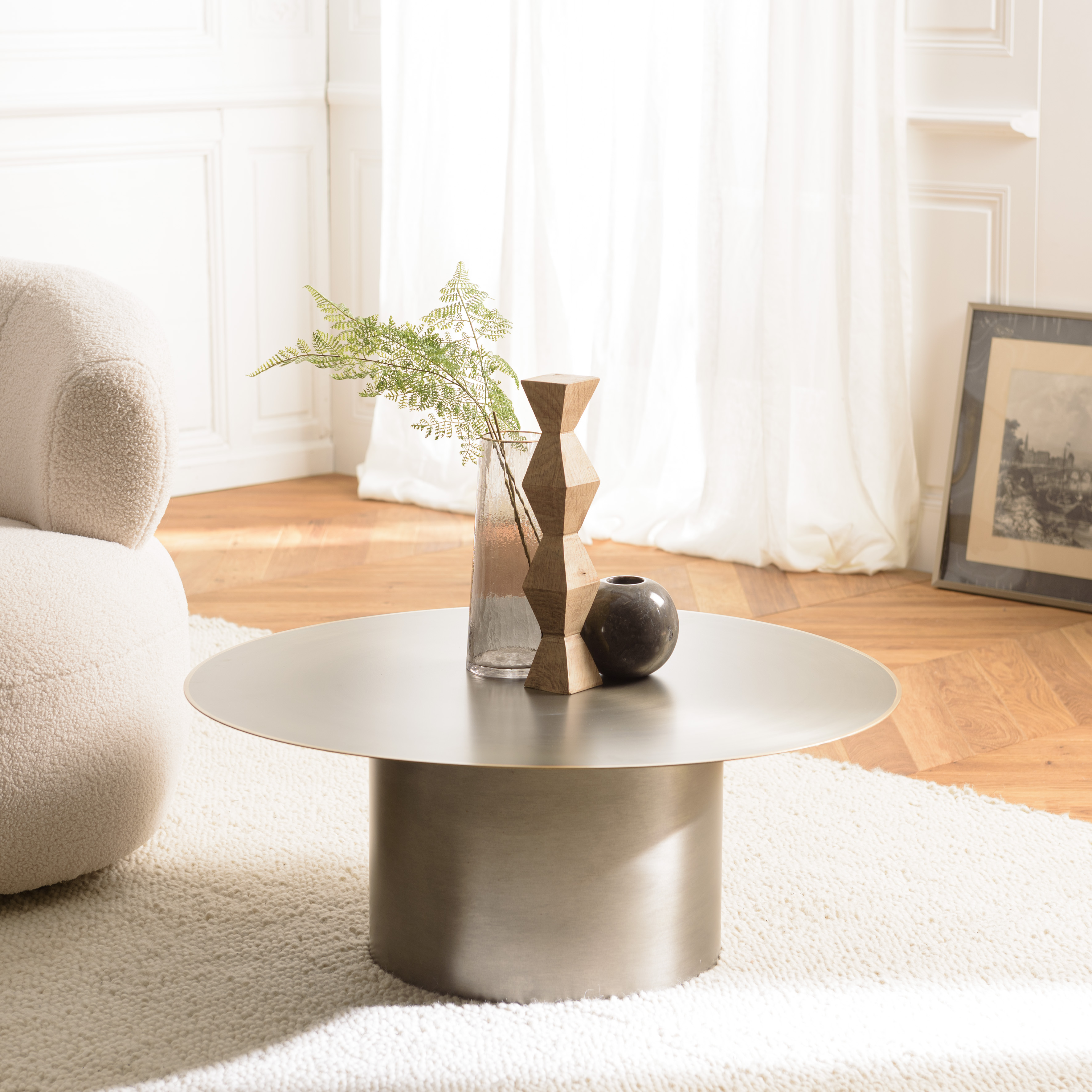 Table de salon ronde métal argenté bord doré D80 cm ZALA