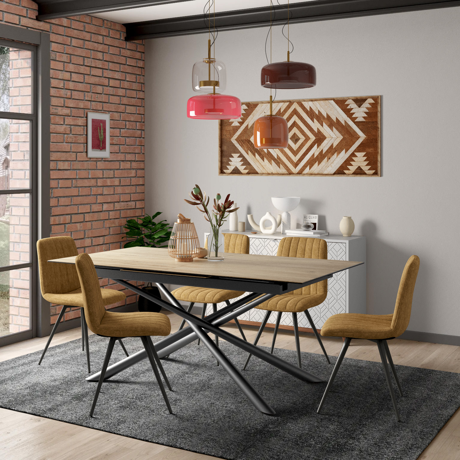 Table en céramique extensible aspect bois pied mikado 180-240 cm LOMBARDIE