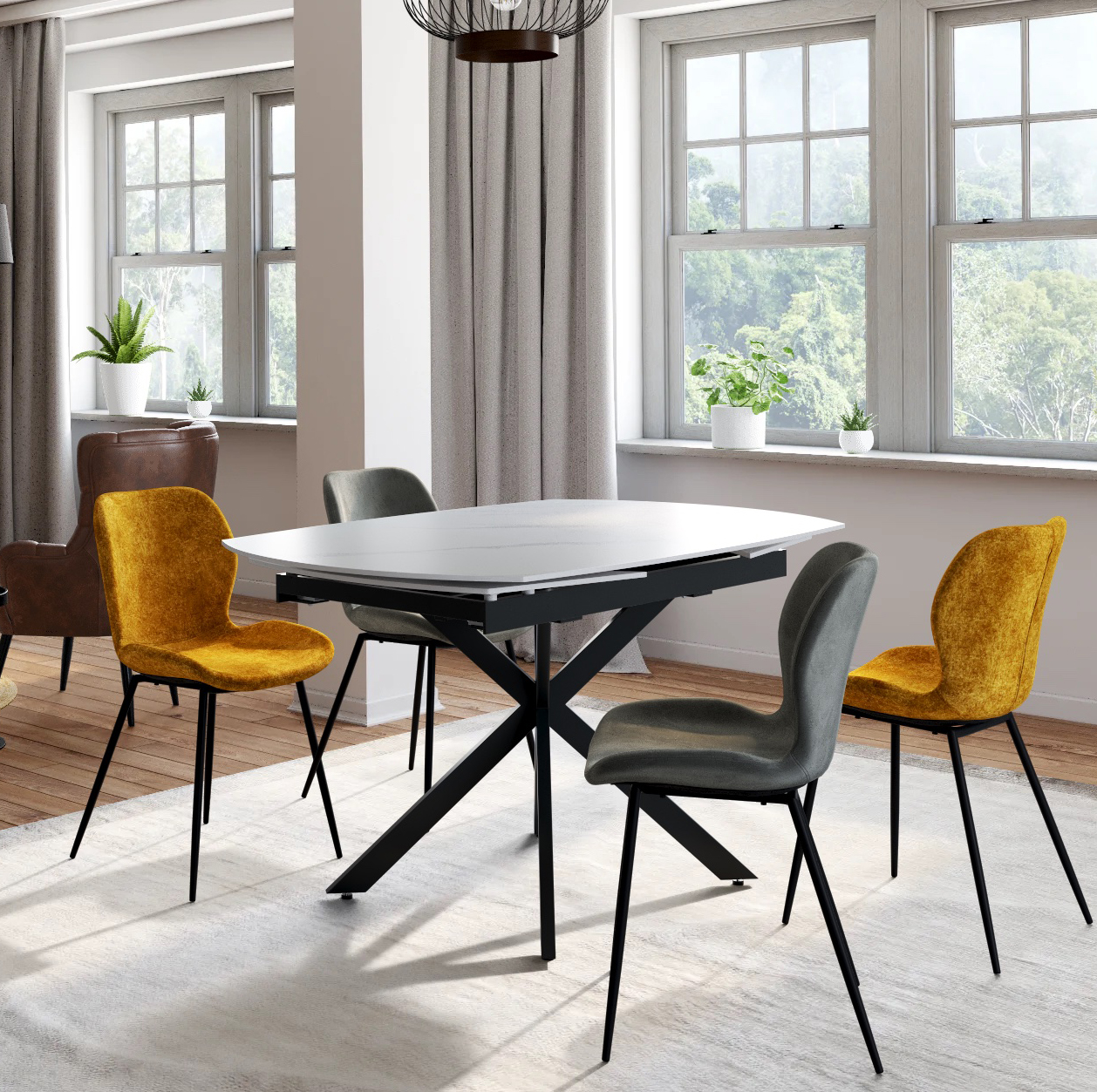 Table extensible céramique marbrée blanche pied mikado 140-200 cm OTTAWA