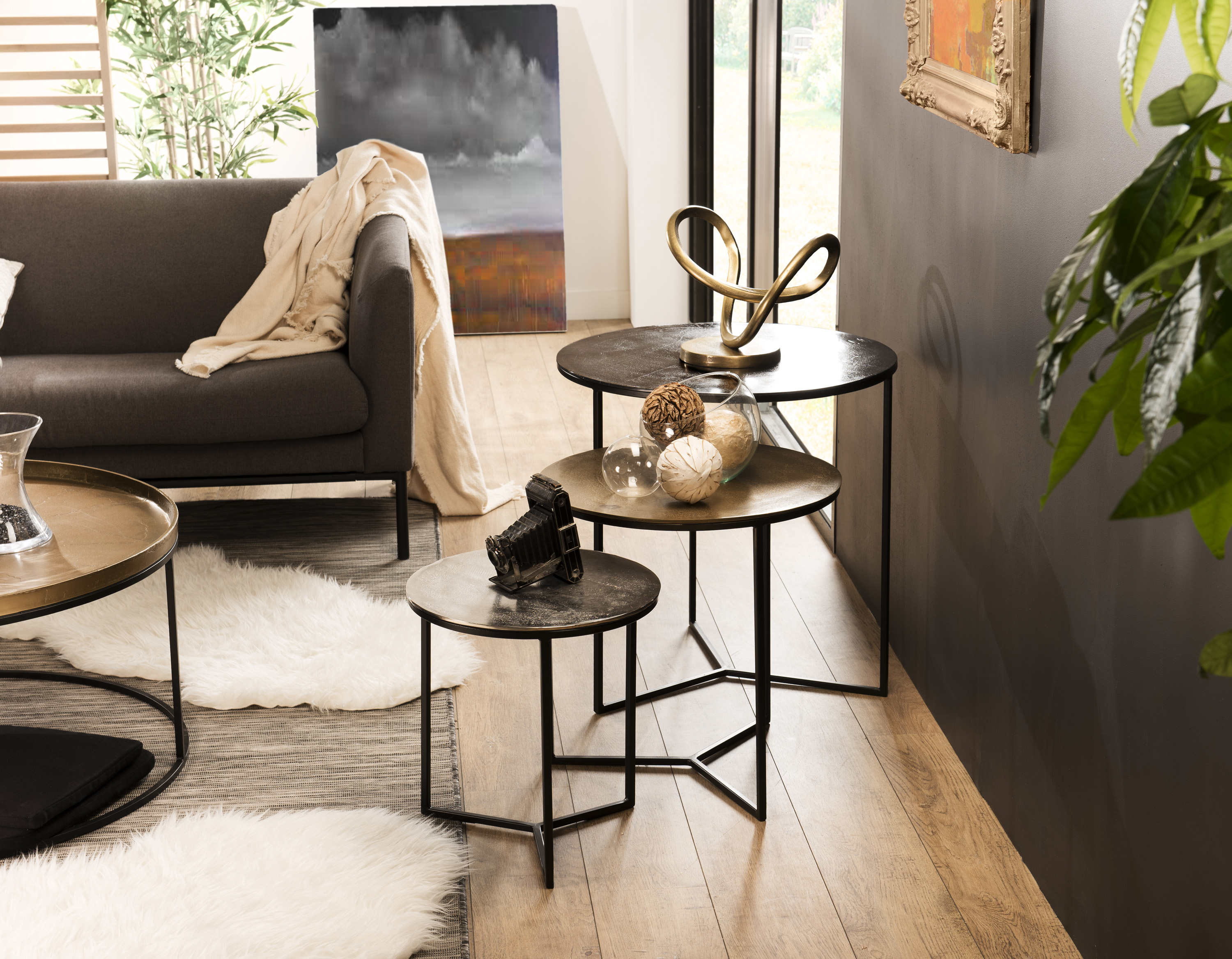 Table gigogne ronde noir or argent (lot de 3) ZALA