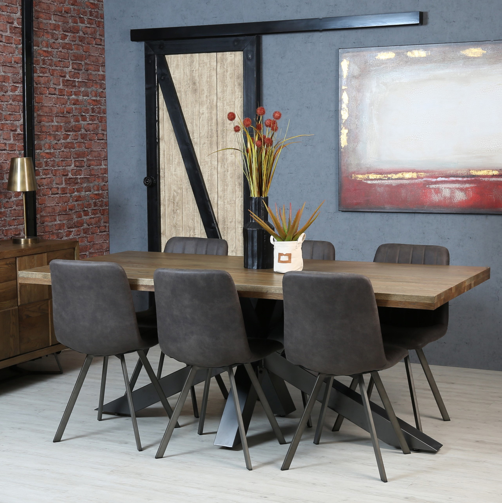 Table pied central bois de chêne et métal 200 cm HUDSON