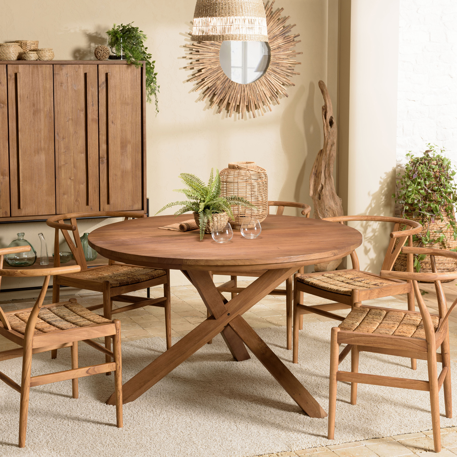 Table ronde en teck massif recyclé 130 cm pied croisé bois SWING
