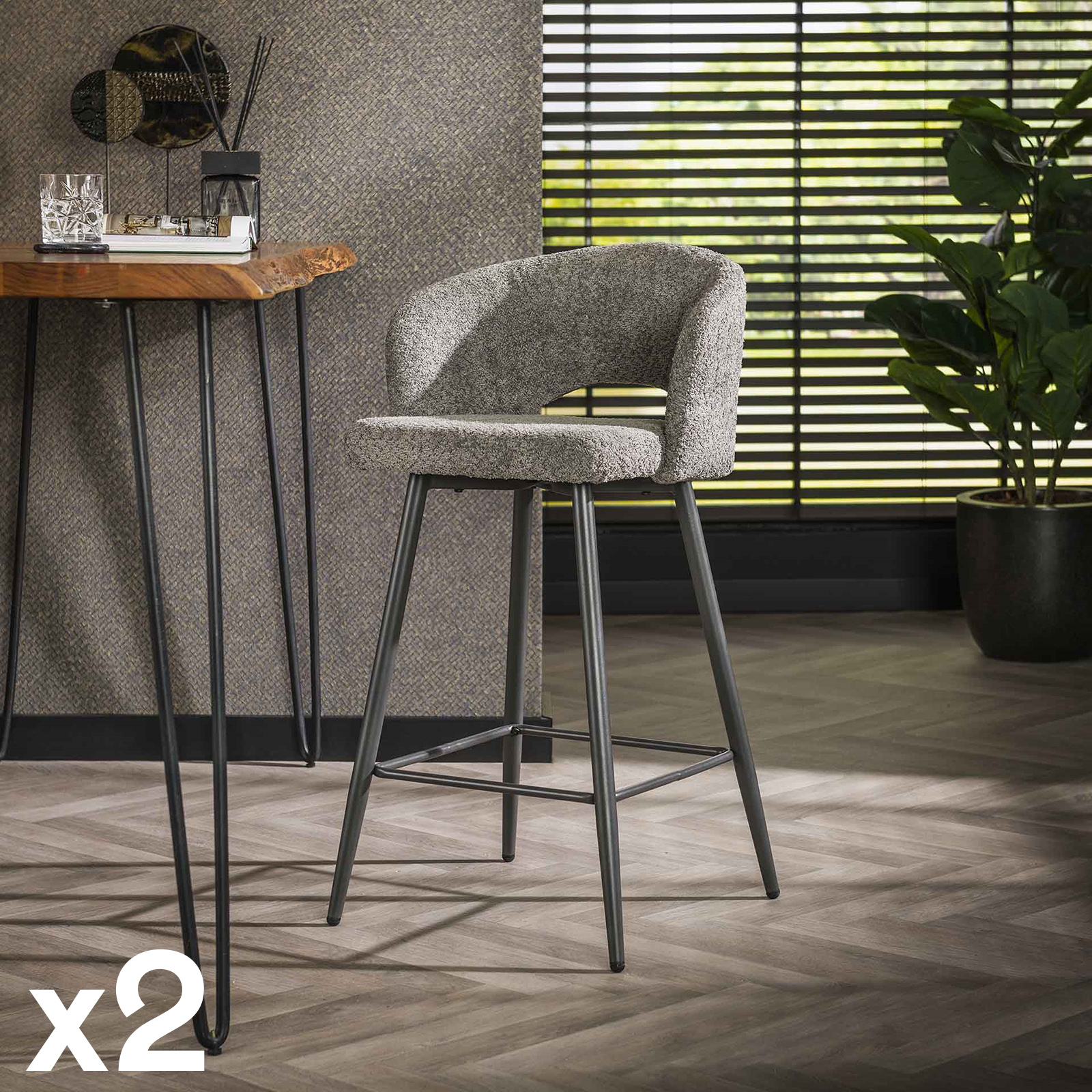Tabouret de bar en tissu bouclette gris avec dossier ouvert (lot de 2) GALWAY