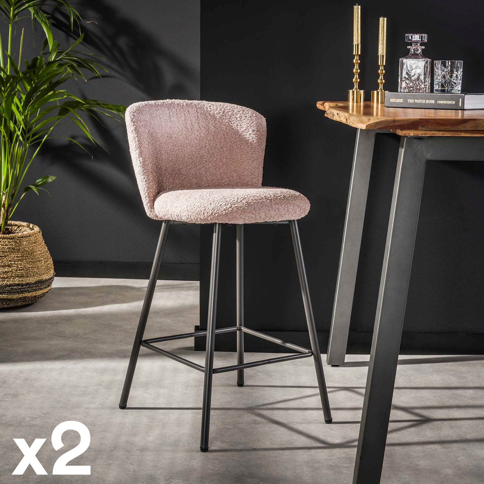 Tabouret de bar rose en tissu bouclette (lot de 2) GALWAY