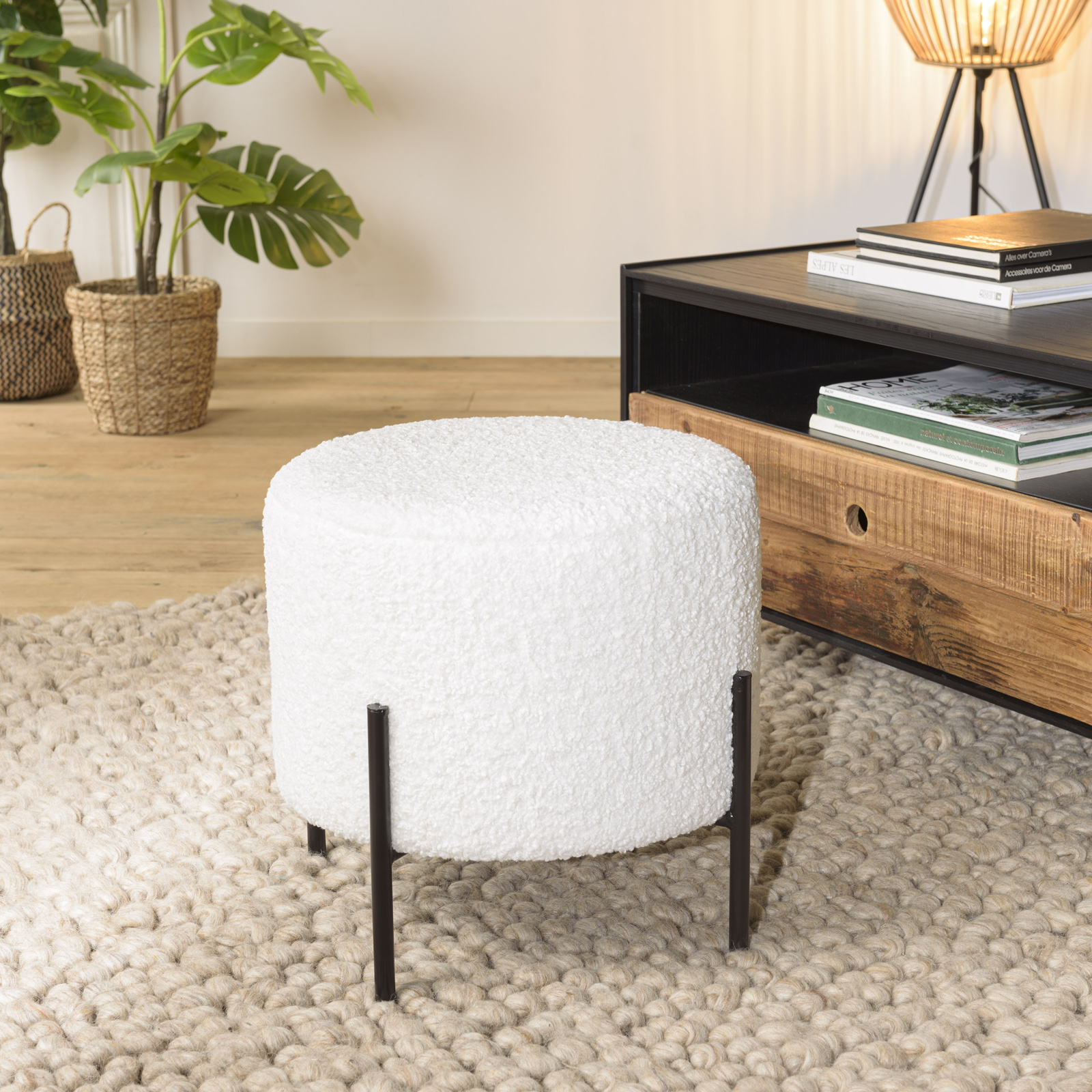 Tabouret de salon rond blanc tissu bouclettes TIM