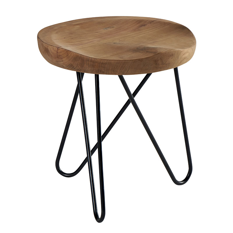 Tabouret en teck massif avec 3 pieds en épingle métal noir D40xH43cm TOWN