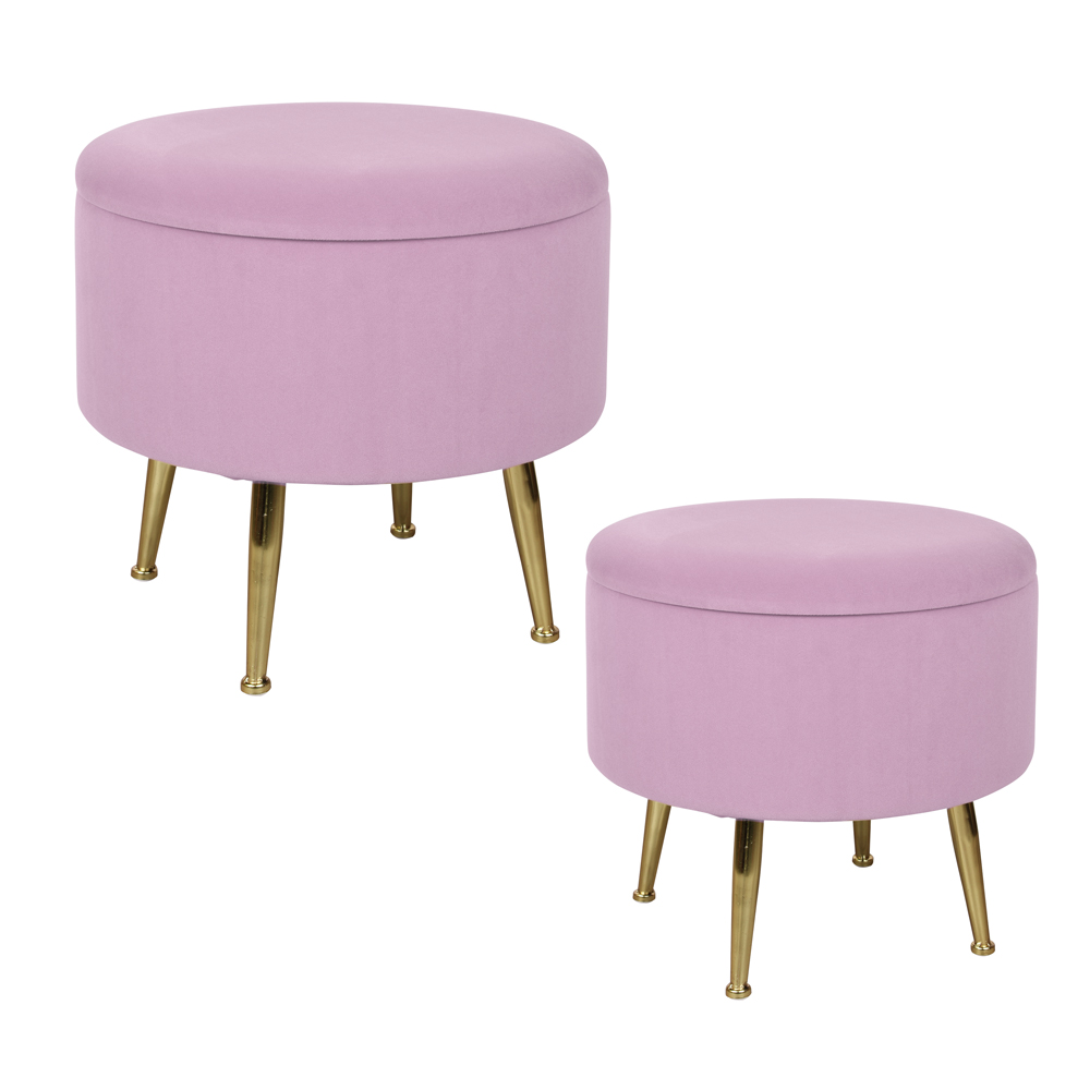 Tabouret pouf rond tissu rose pieds dorés TIM  (lot  de 2)