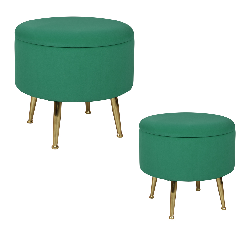 Tabouret pouf rond tissu vert pieds dorés TIM (lot  de 2)