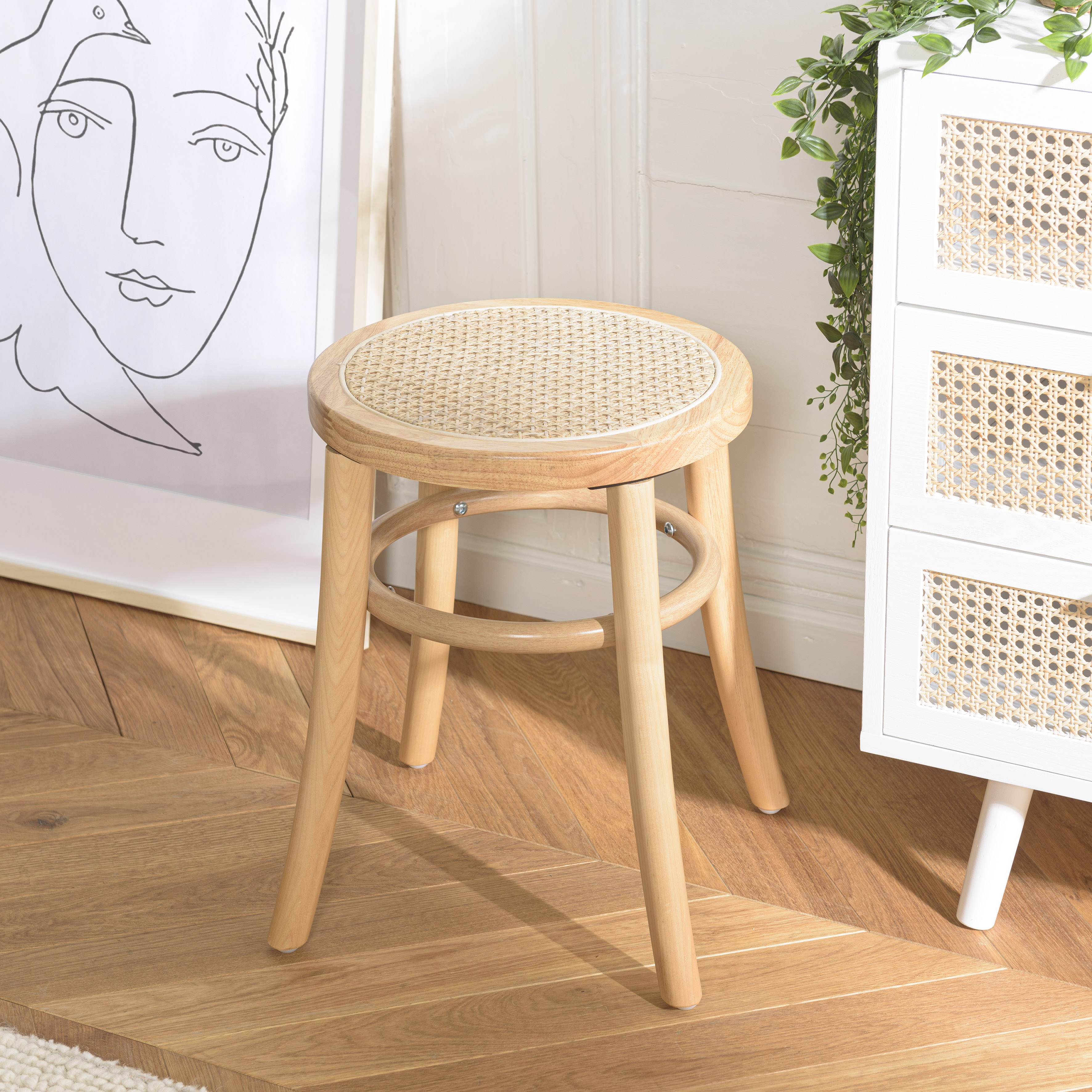 Tabouret rond bois clair assise cannage style bistrot TIM